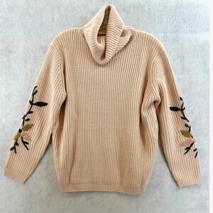 Mello Size Medium Sweater Turtle Neck Floral Embroidered Sleeves Knit Pink